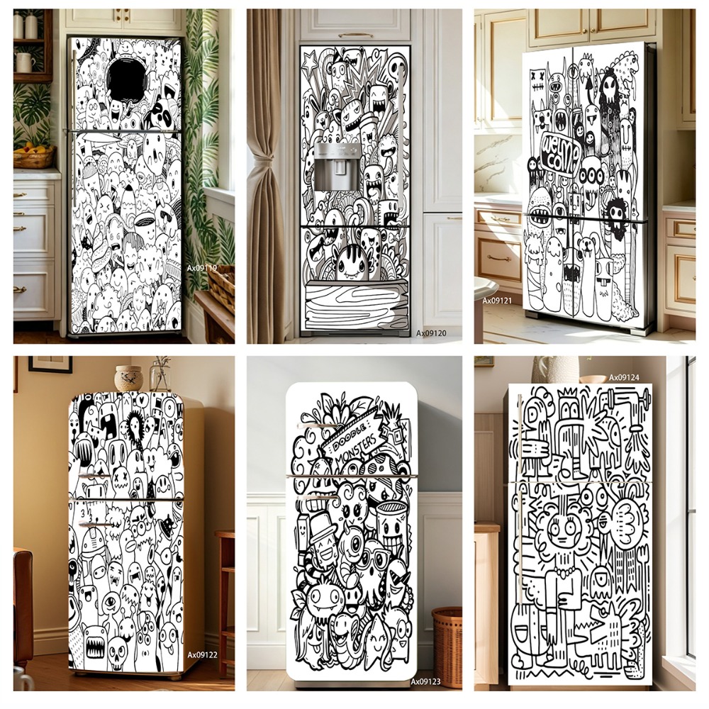 Full Cover Adhesive - Stiker Kulkas Monster Doodle Garis Hitam-Putih,
